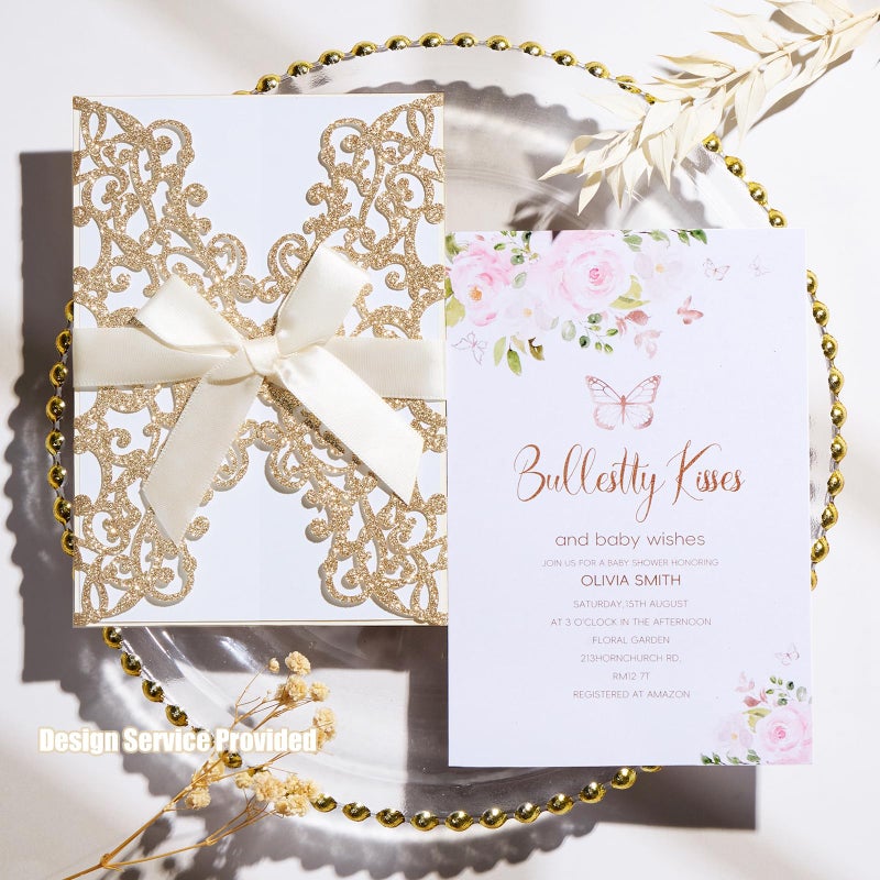 AdasBridal 50Pcs Glitter Floral Laser Cut Wedding Invitation Cards with Envelope Blank Inner Sheet and Ribbon for Wedding Engagement Bridal Shower Party Invite(7.09 X 4.92inch, Rose Gold) - Image 2
